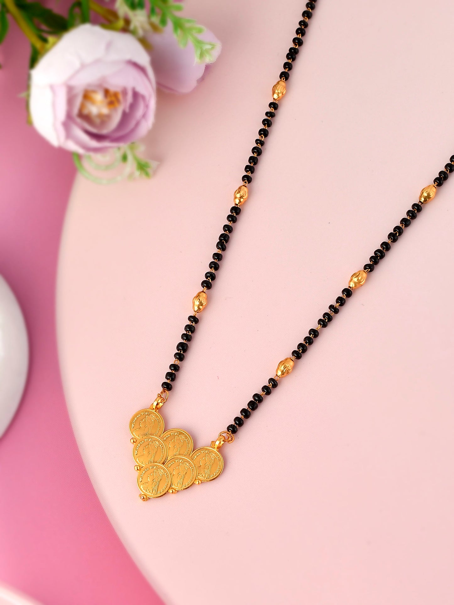 Gold Plated & Black Beaded Handcrafted Coins Shape Mangalsutra for Women Online