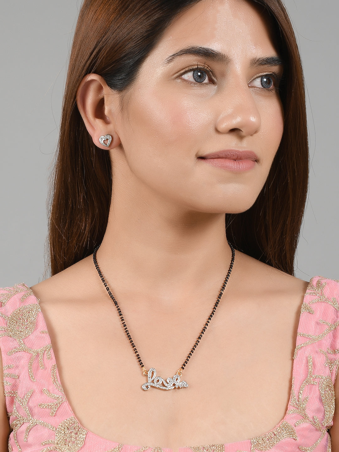 Love Pendant Heart Studs Earrings Mangalsutra Necklace