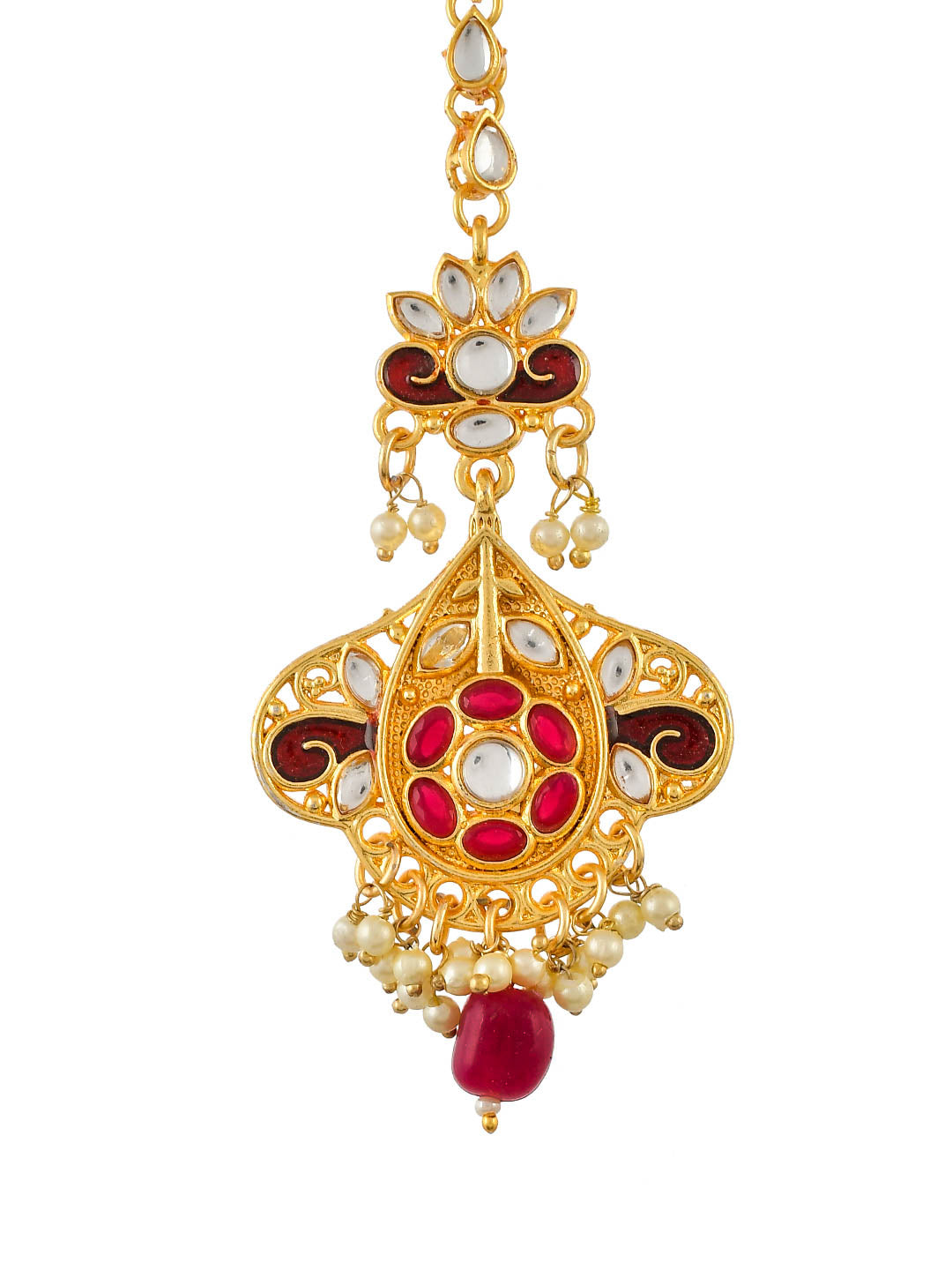 Traditional Gold Plated Red beads Maang Tikka For Women