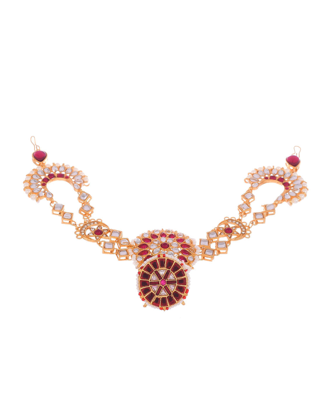 Kundan Gold Plated Red Meenakari Chand Suraj Sheeshful Borla Mathapatti