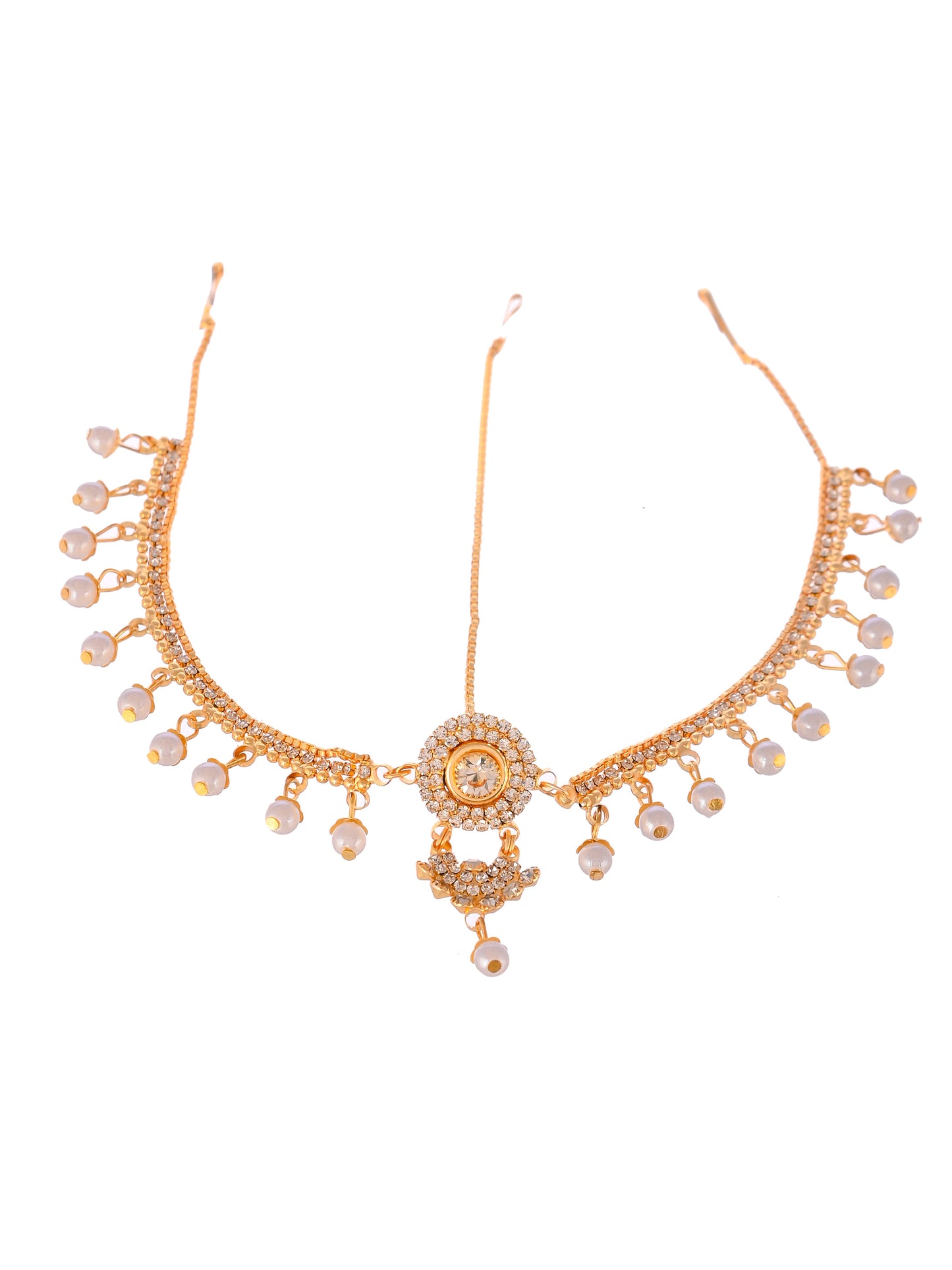 Gold Plated White Pearl Beaded Stone Studded Matha Patti | Head Jewellery