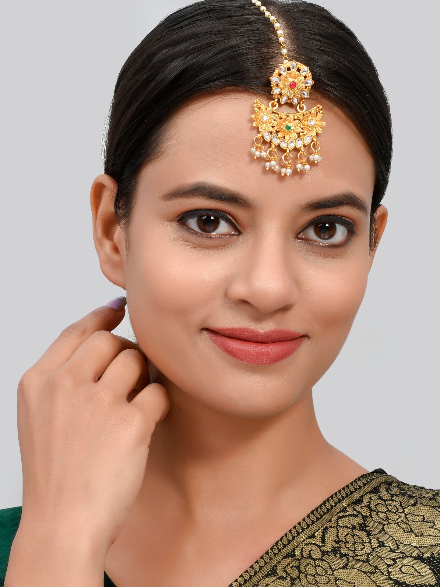 Gold Plated Kundan Studded & Pearl Beaded Maang Tikka For Women