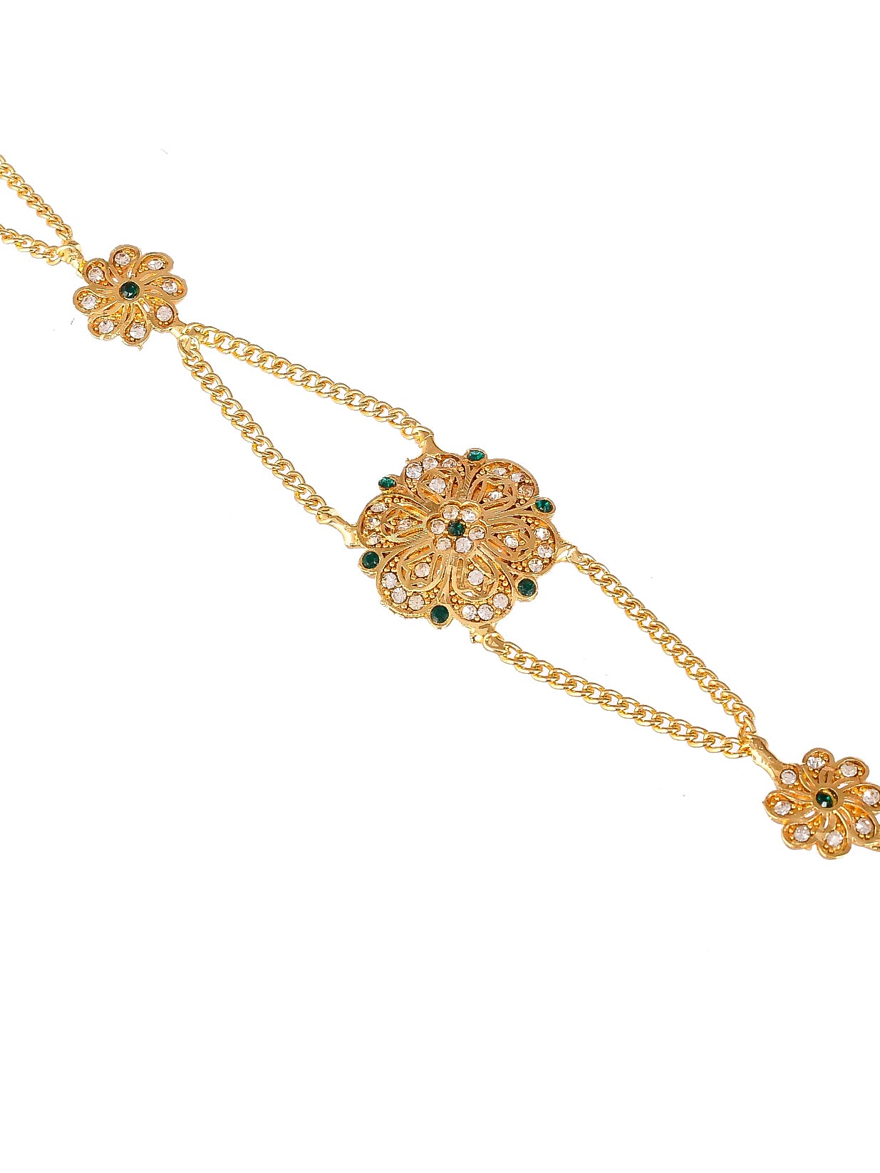 Gold Plated Green Cubic Zirconia Stone | Studded Handcrafted Head Chain | Matha Patti