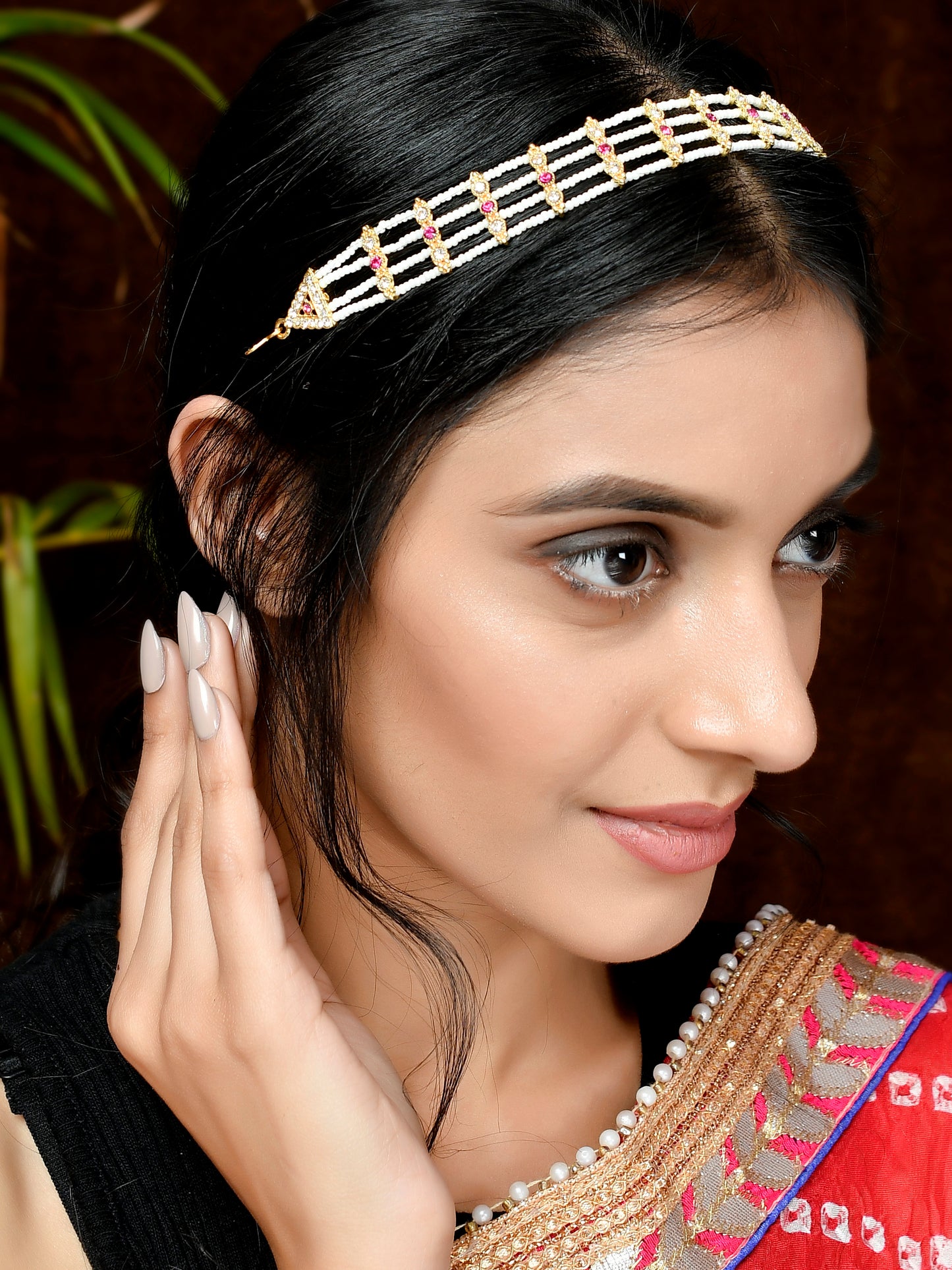 Gold Plated Pink & White Stone Studded | Head Chain Sheeshpool