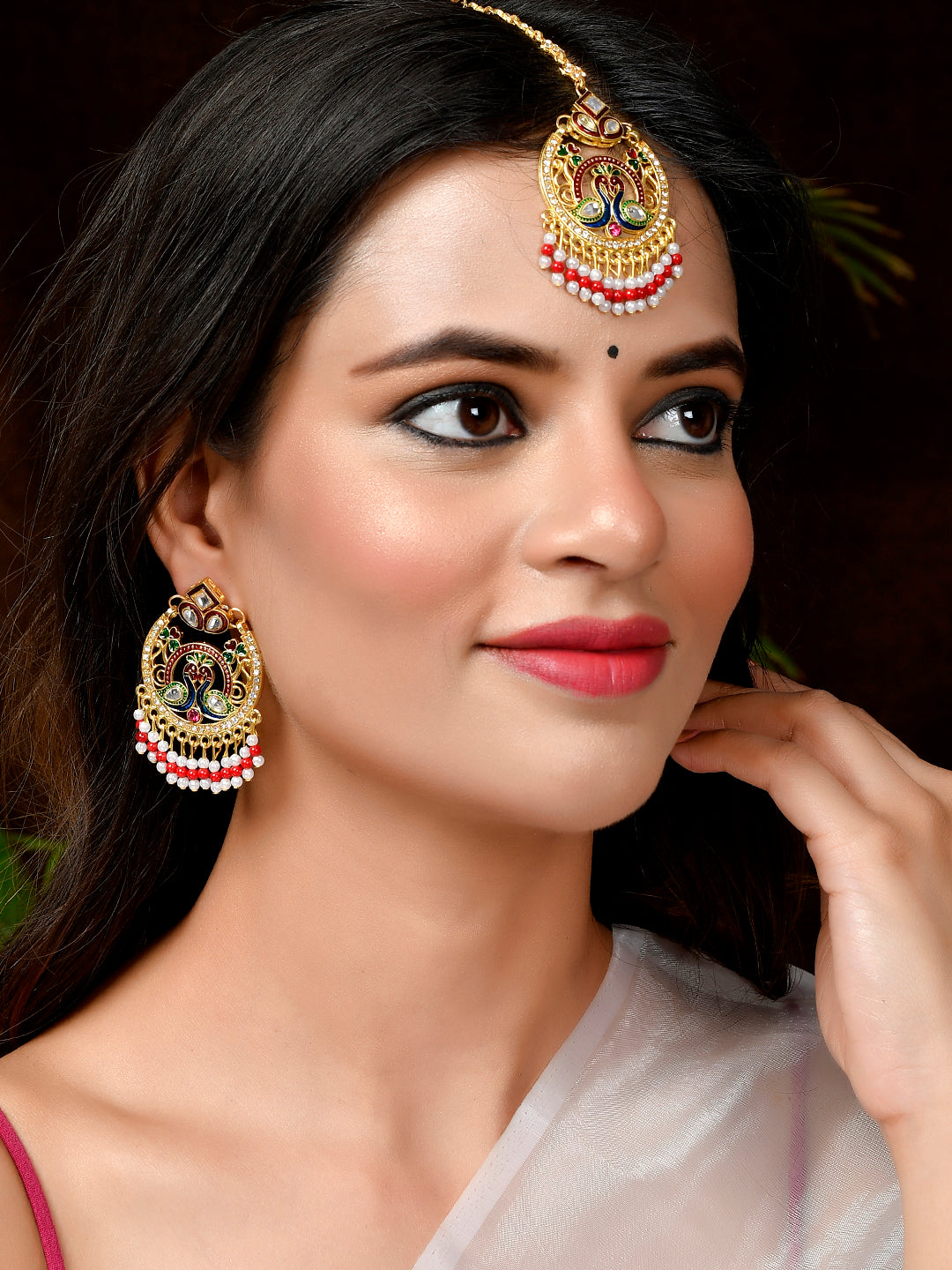 Gold Plated & Kundan Studded Peacock Design Red & White Pearl Maang Tikka With Earrings