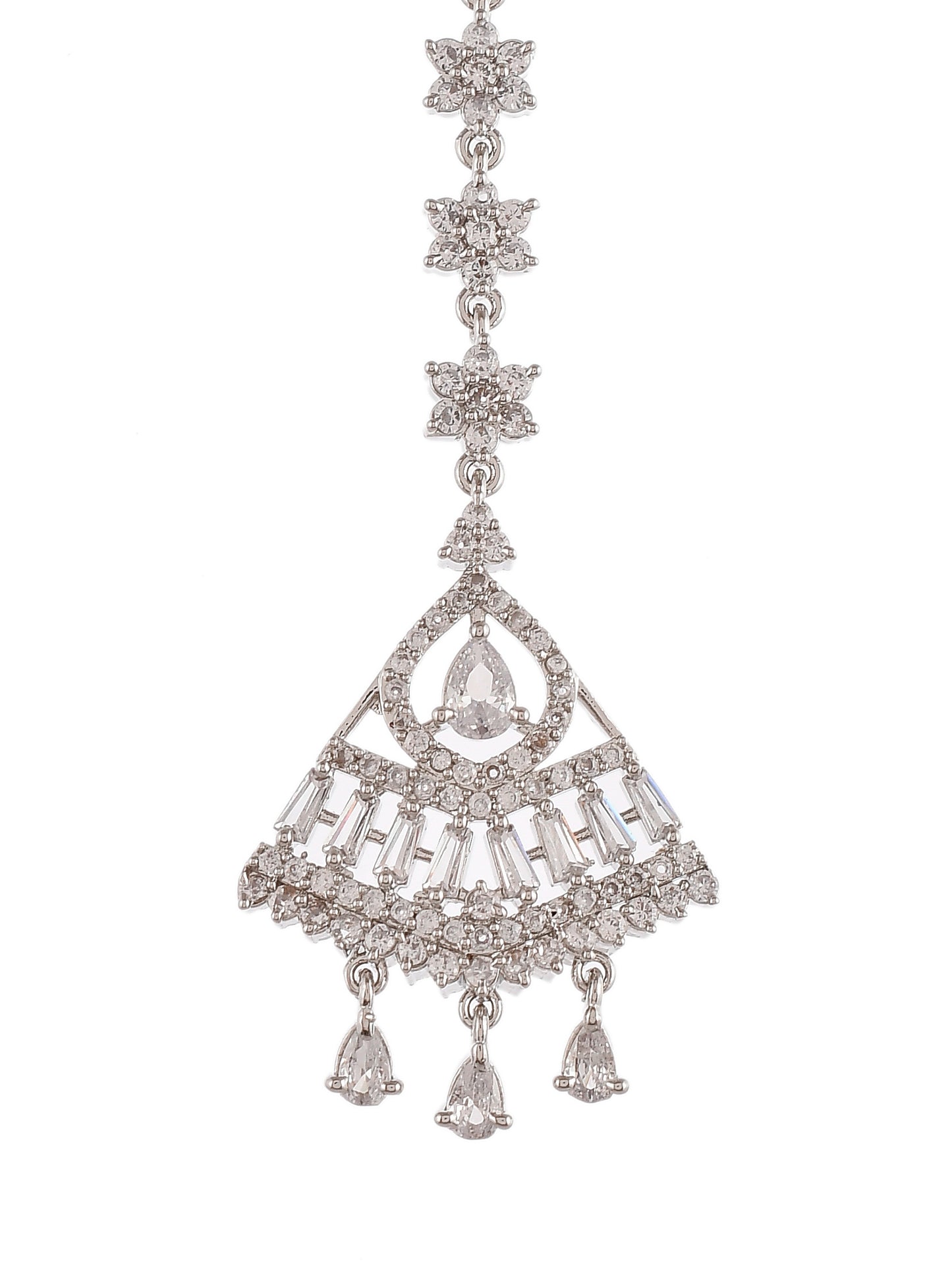 Women Silver Plated American Diamond Maang Tikka