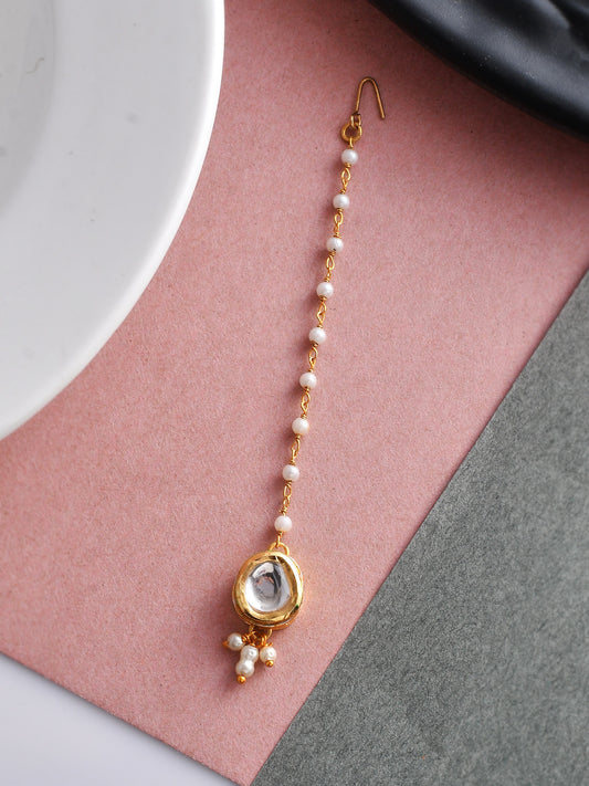 Gold Plated Kundan Pearl Maangtika - Head Jewellery for Women Online