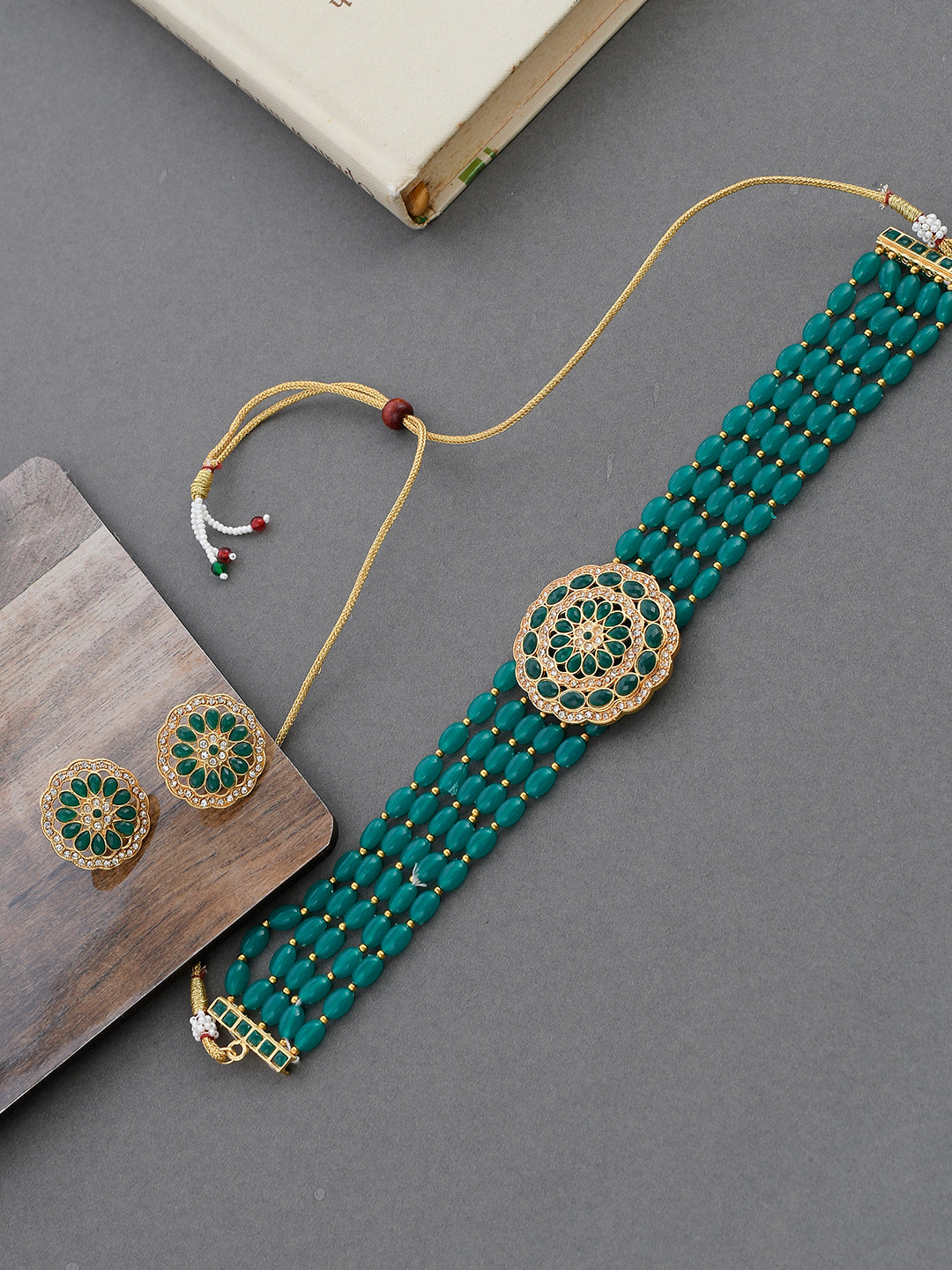 Gold Plated Green Bead Handcrafted Jewellery Set