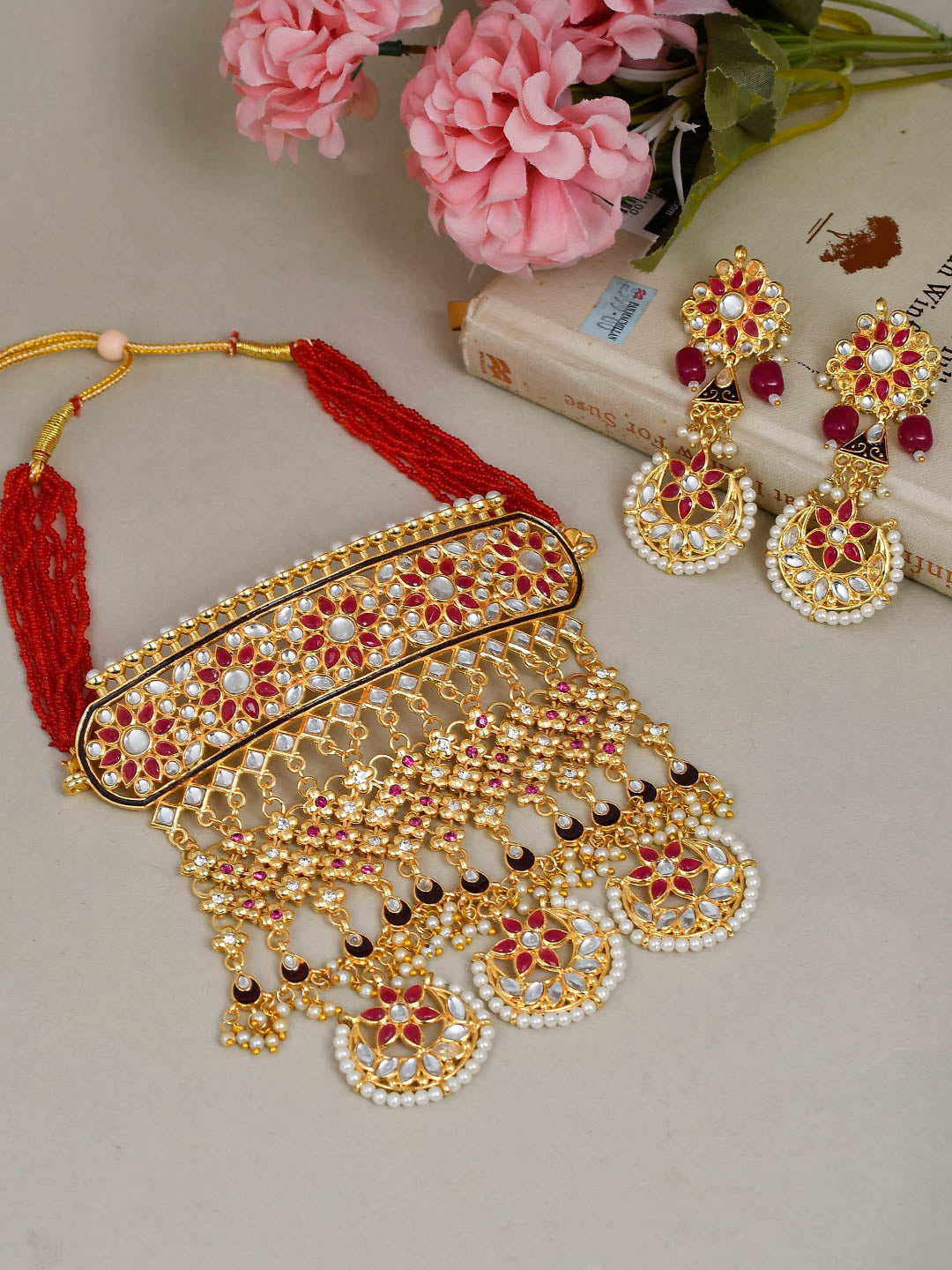 Buy Red Beads Rajputi Aad Choker Necklace Set for Women Online at