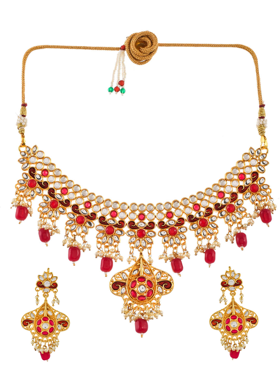 Red & White Gold-Plated Kundan Handcrafted Jewellery Set