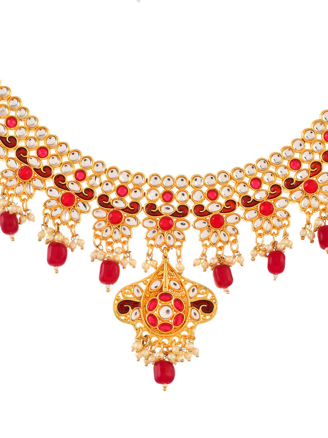 Red & White Gold-Plated Kundan Handcrafted Jewellery Set
