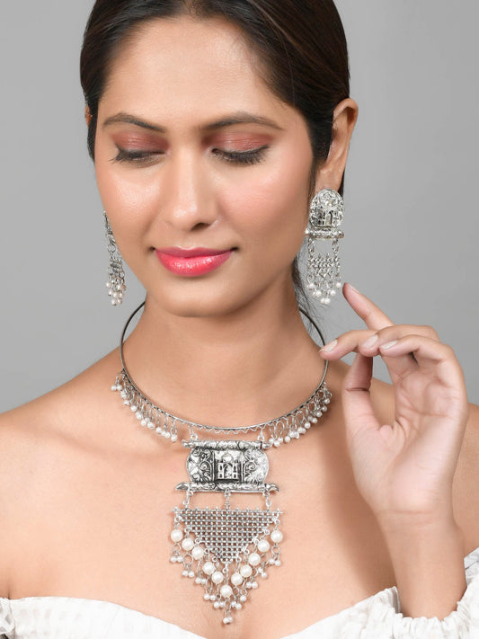 Oxidised Silver Statement Hasli Necklace Set With Earrings for Women Online
