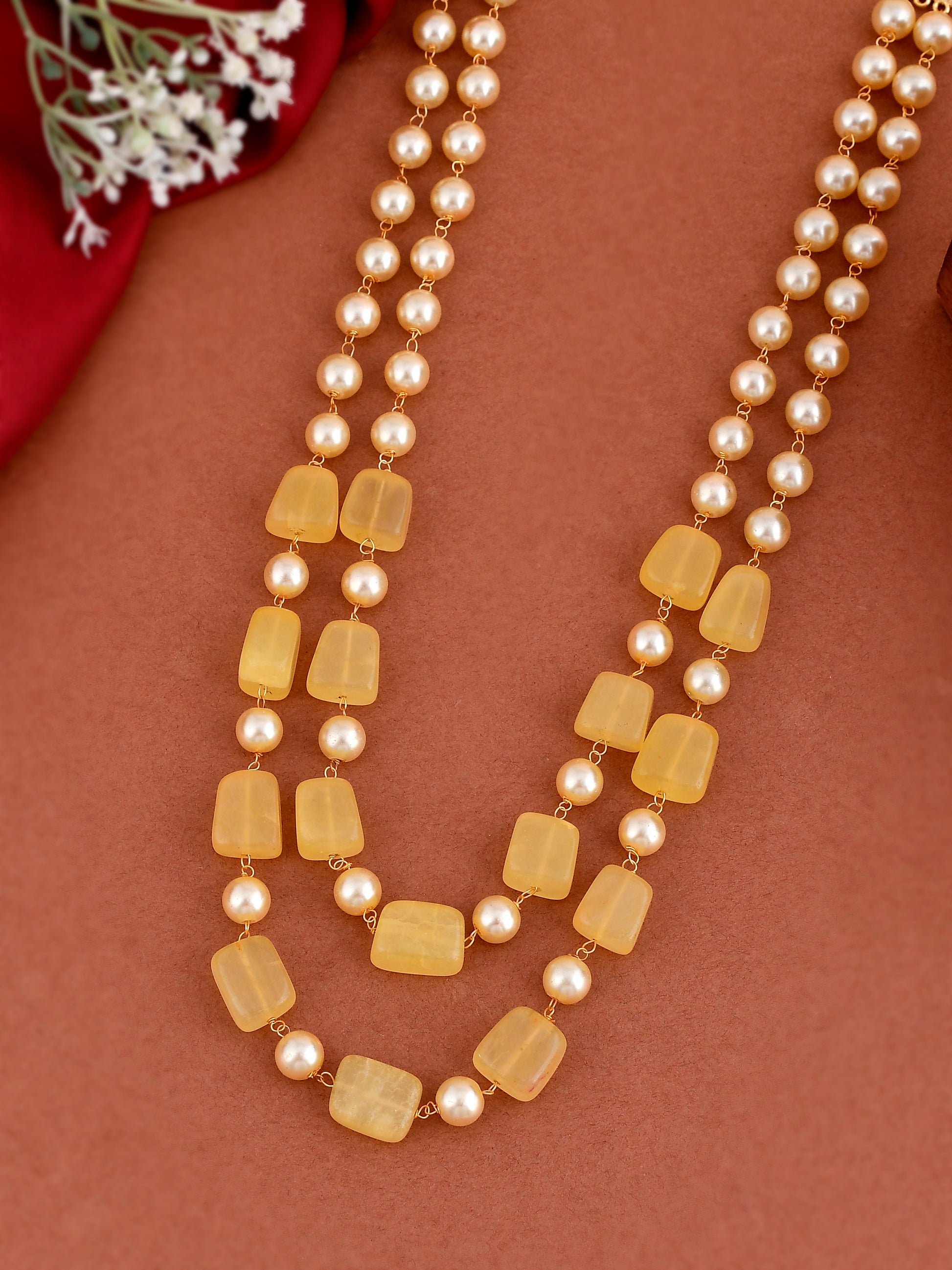 Yellow Beads Pearl Double Layered Necklaces for Women Online