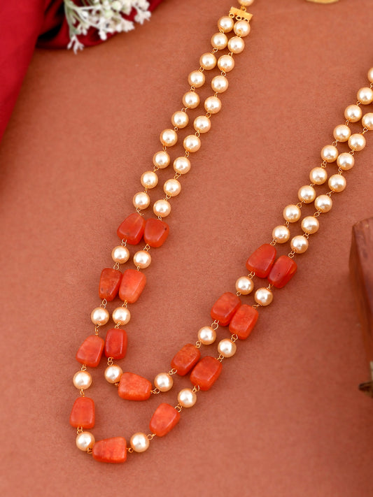 Pearl Layered Necklace With Orange Beads - Necklaces for Women Online