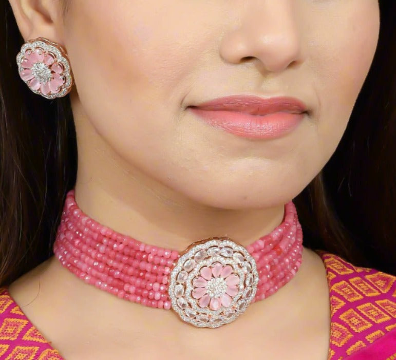 Ad Rose Pink Gold Choker Jewellery Set With Earrings for Women & Girls Online
