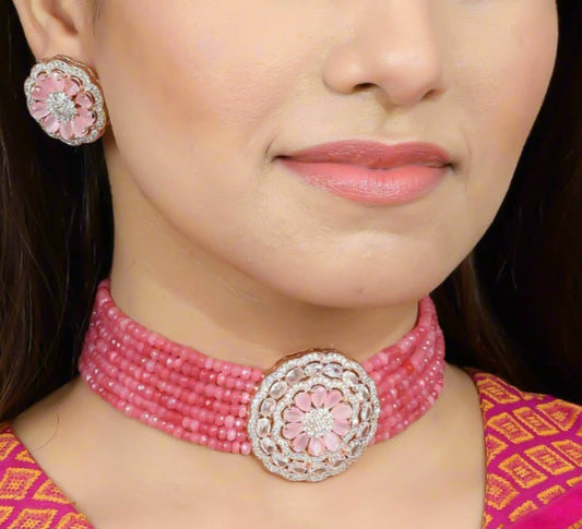Ad Rose Pink Gold Choker Jewellery Set With Earrings for Women & Girls Online
