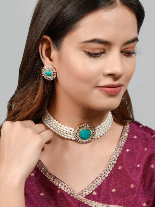 Turquoise Blue & White Gold Plated Pearl Choker Jewellery Sets for Women Online