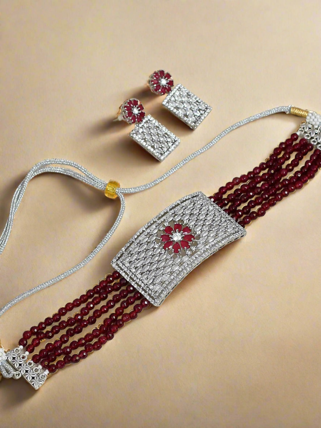 American Diamond Red Onyx Choker Jewellery Set