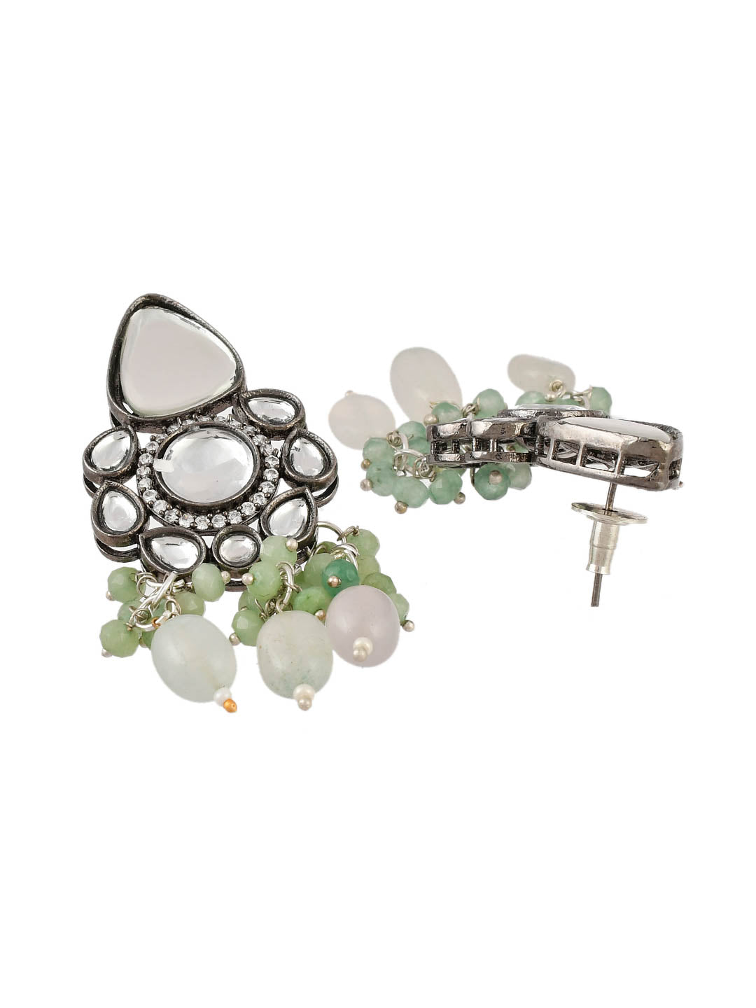 Silver Plated Lime Green Beads With Pearl Kundan Jewellery Set