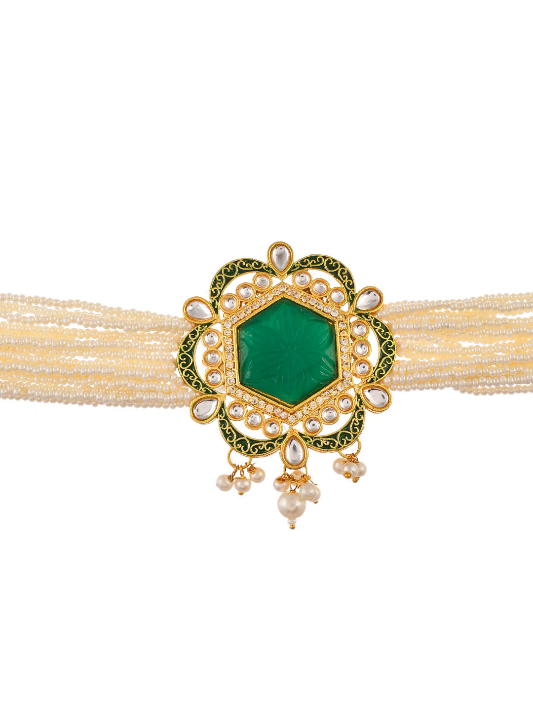 Gold Plated Green Onyx Beads Engraved Jadau Jewellery Set