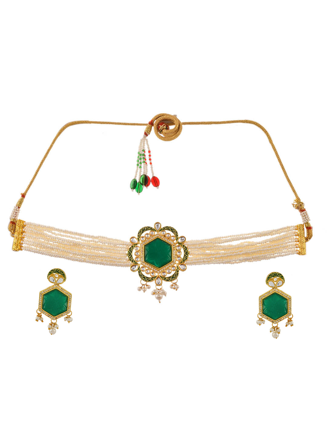 Designer Gold Plated Green Onyx Beads Engraved Jadau Jewellery Set