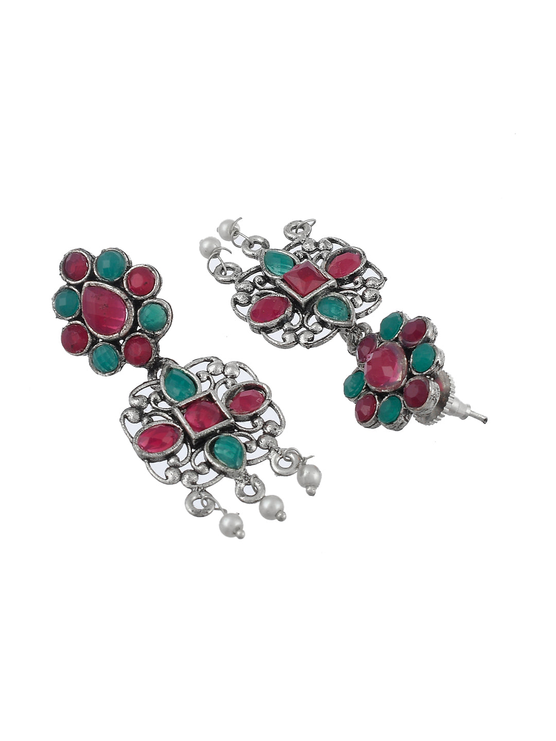 Silver Plated Pearl Beads Red & Green Stubbed Jewellery Set