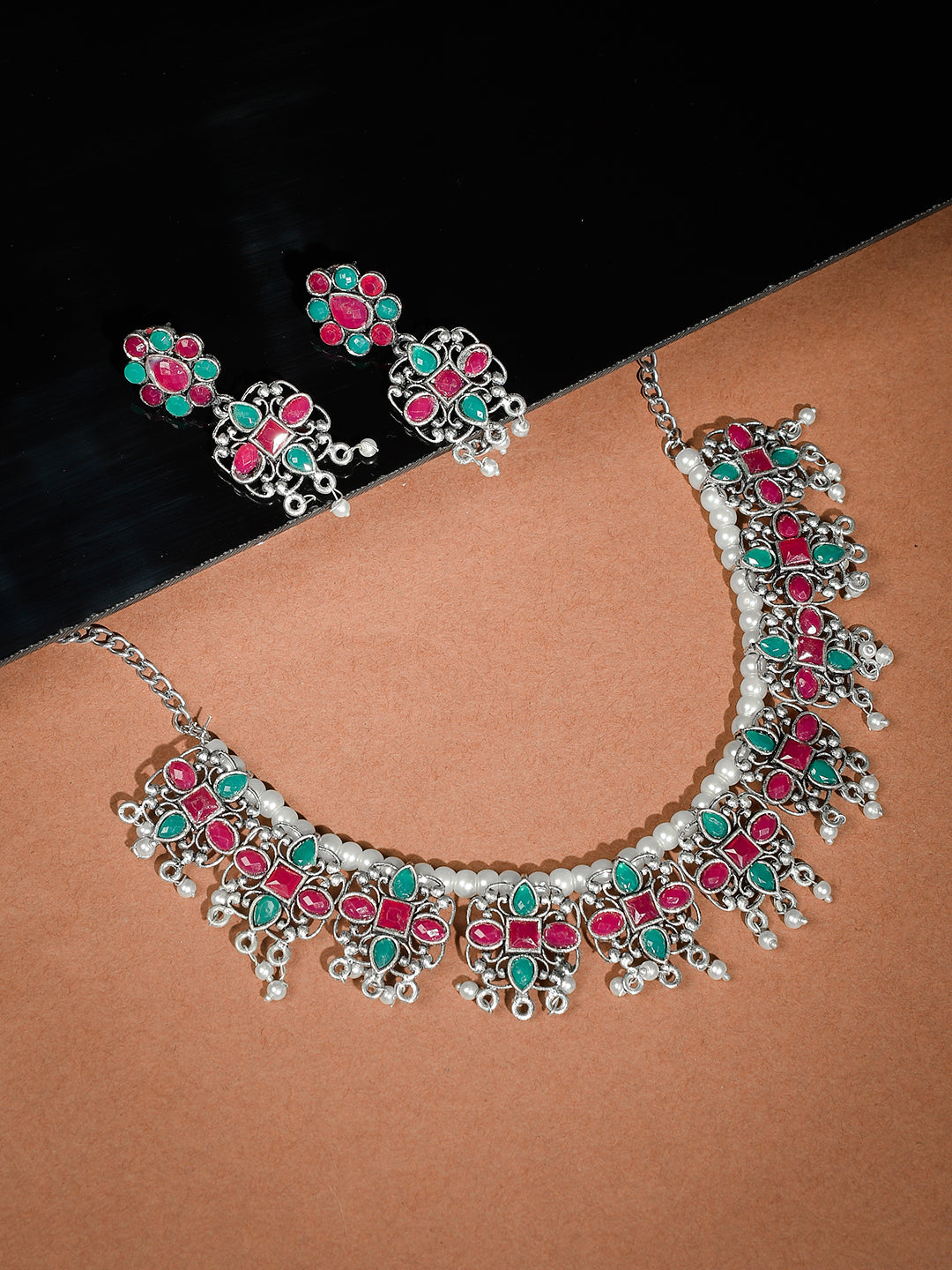 Indian Ethnic Handmade Classic Green Pink Oxidized Jewellery Set For Women