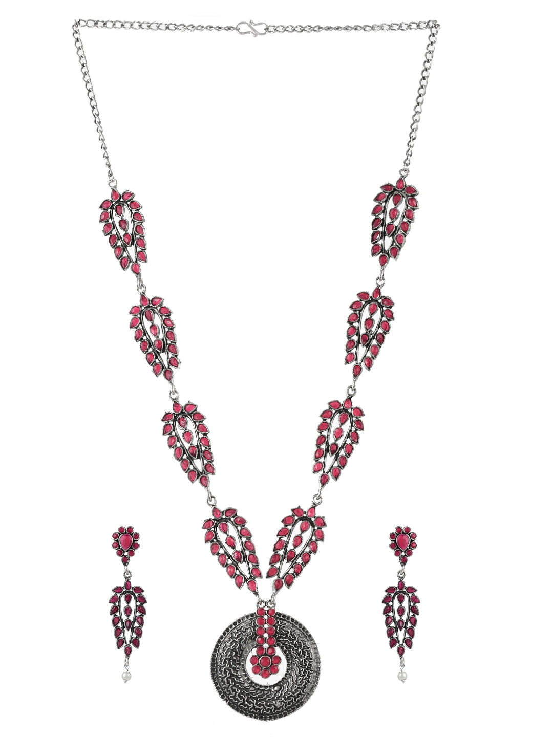 Pink Traditional Oxidized Silver Plated Designer Jewelry Set For Women