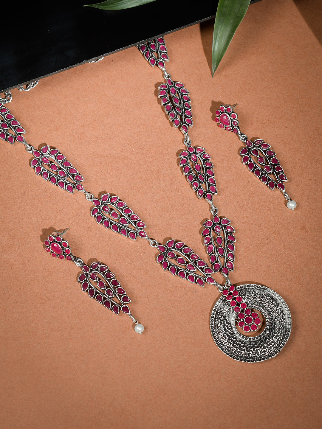 Pink Traditional Oxidized Silver Plated Designer Jewelry Set For Women