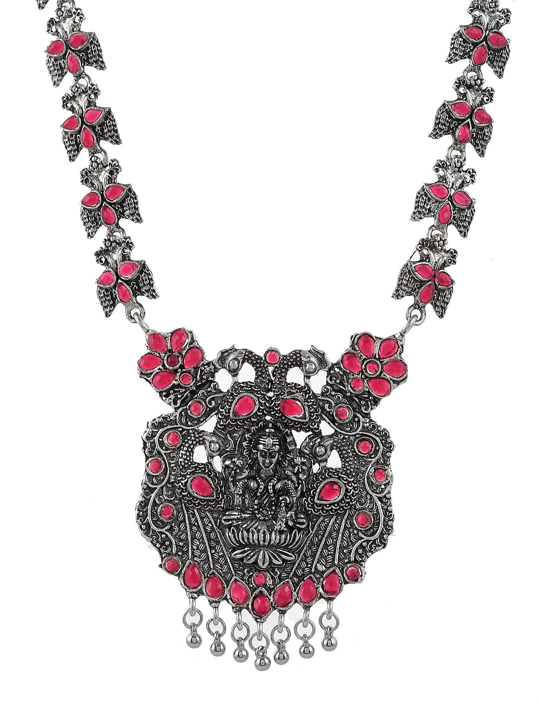 Pink Oxidized Silver Temple Jewelry Set For Women