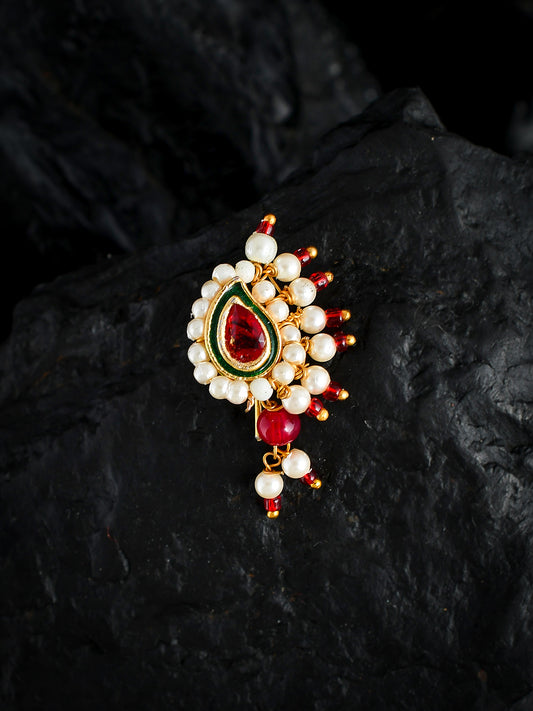 Gold Plated Red White Stone Studded Pearls Beaded Nose Ring for Women Online