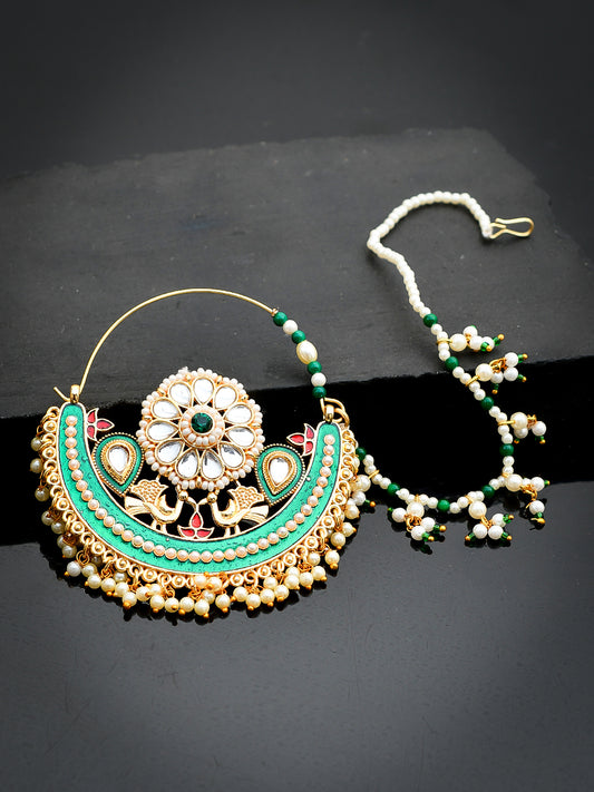 Gold Plated Pearl Green Meenakari Bridal Nose Ring for Women Online