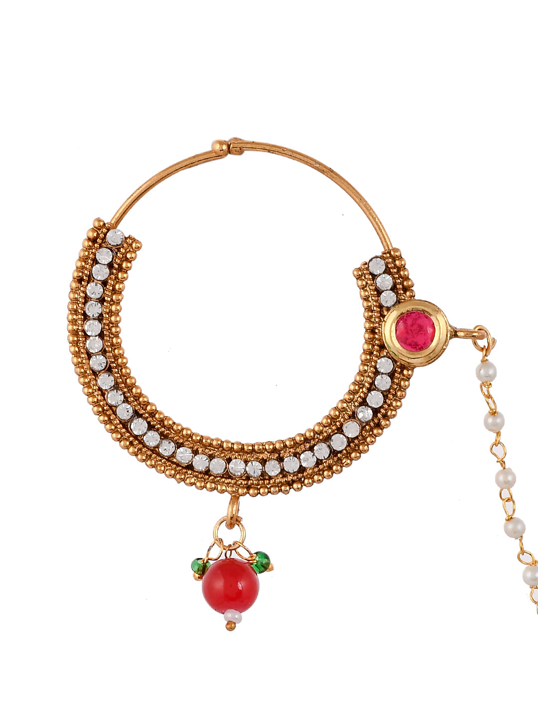 Gold Plated Pearl Kundan American Diamond Red Stone Studded Chained Nose Ring