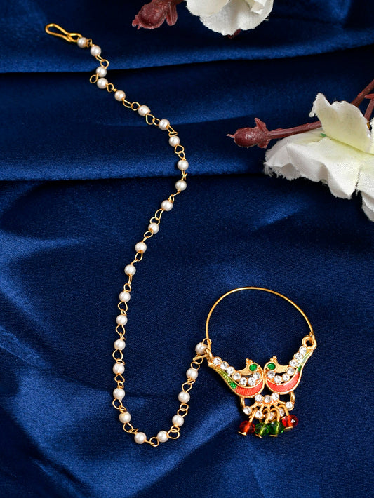 Gold Plated Stone Studded & Beaded Meenakari Kamakshi Nose Ring for Women Online