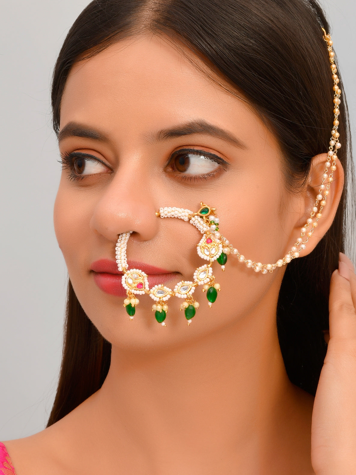 Gold Plated White Pearls Beaded Nose Ring