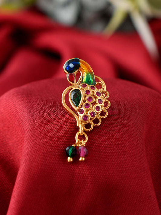 Pink & Green Stone Studded Gold Plated & Beaded Peacock Nose Studs for Women Online