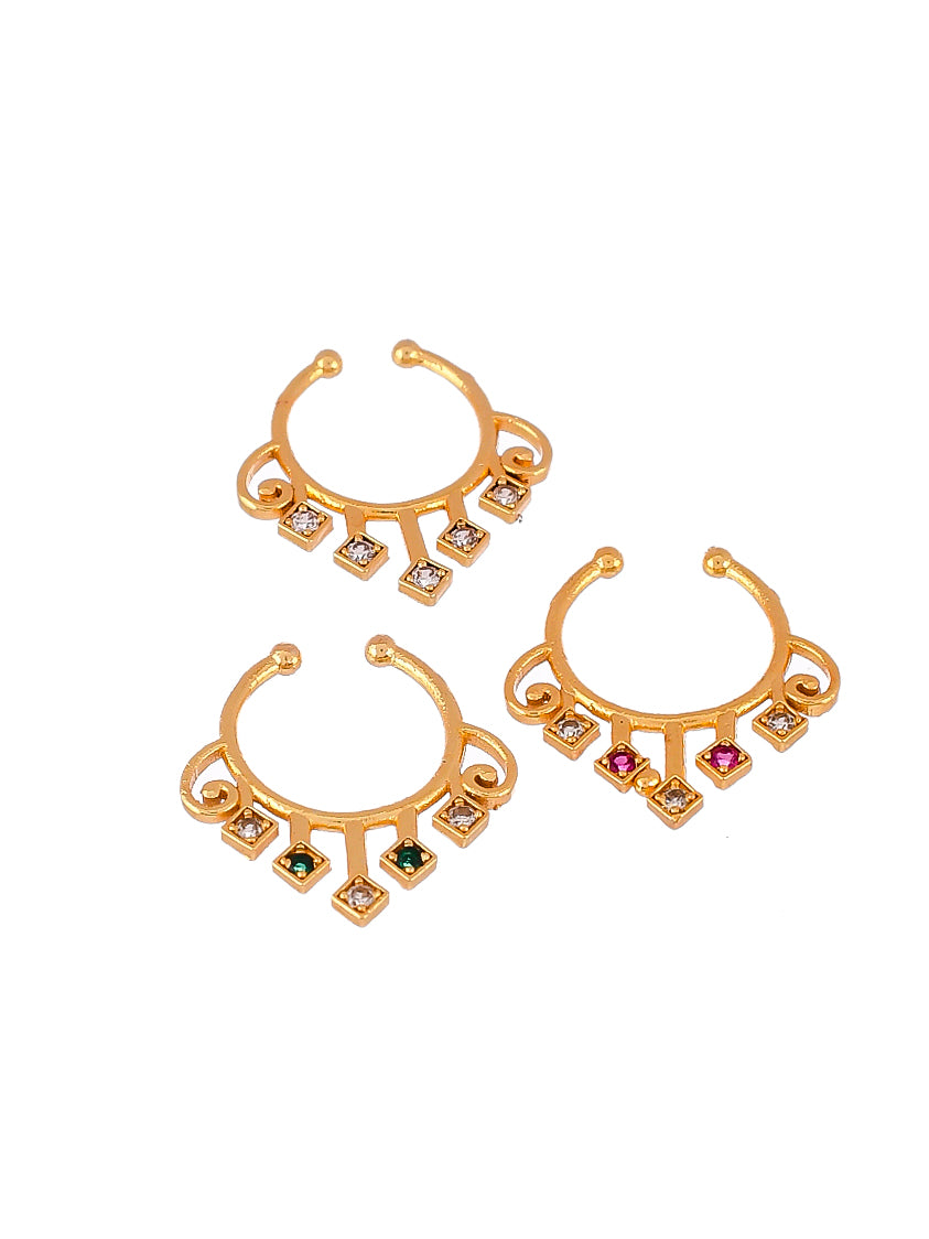 Set of 3 Gold Plated Padmavati Stone Emerald Septum Ring