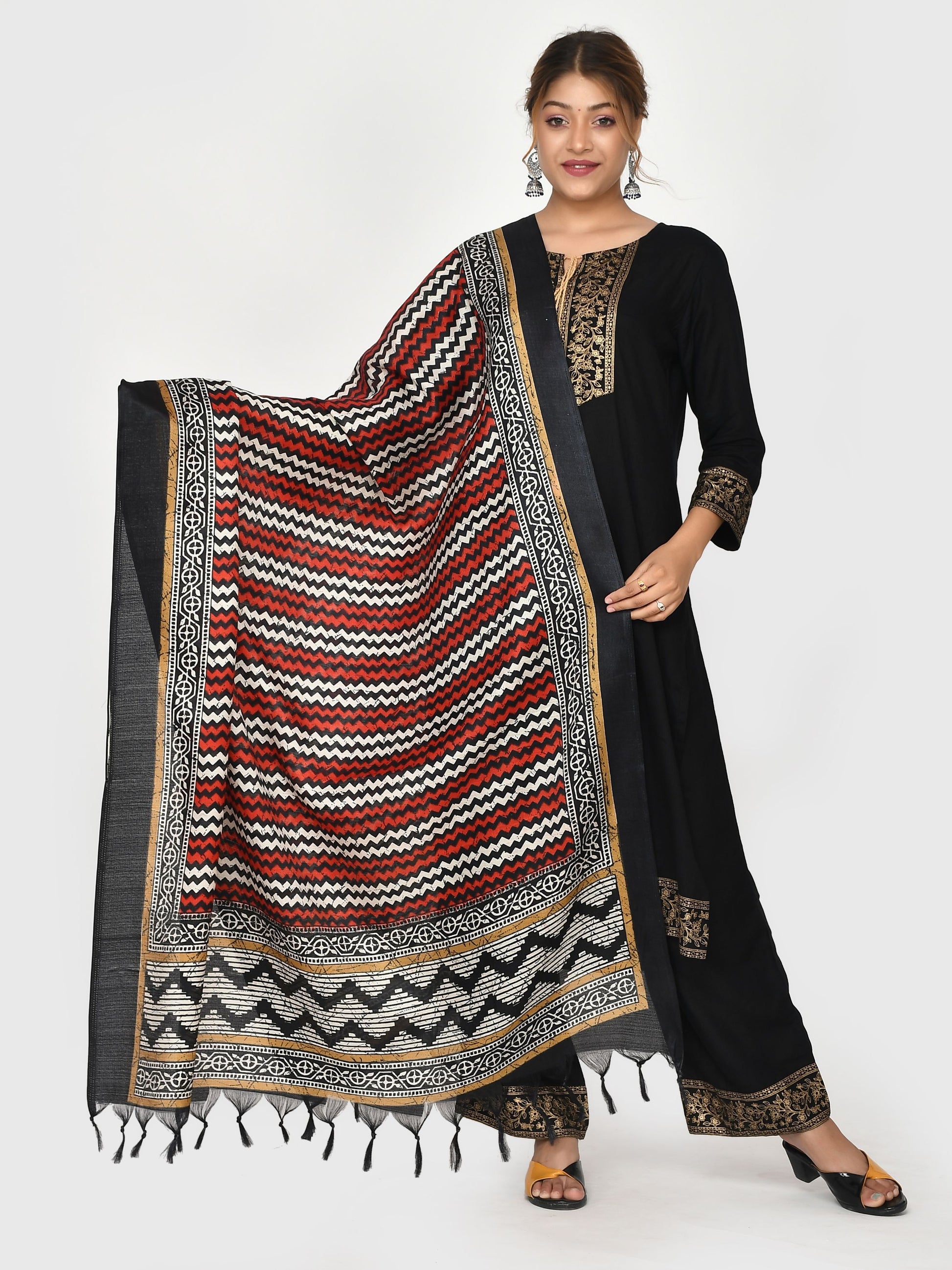Black Red Striped Patola Printed Dupatta for Women Online