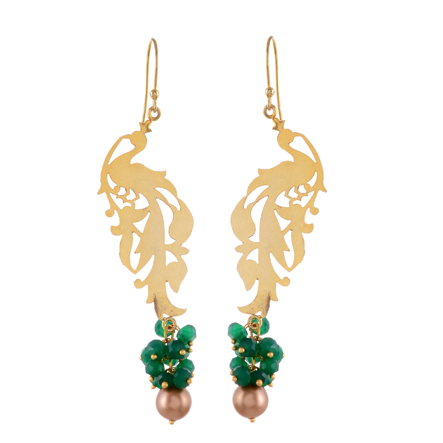 Gold Plated Green Peacock Drop Earrings