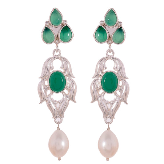 Sterling Silver Green Onyx Pearl Drop Long Dangler Earrings for Women Online