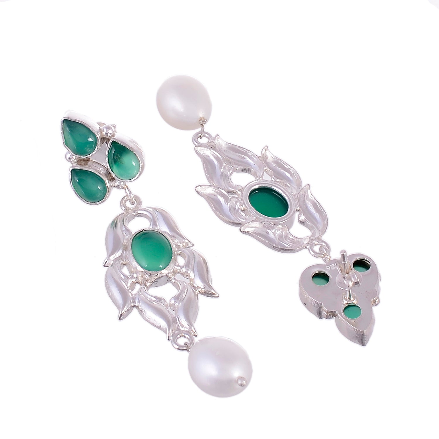 Sterling Silver Green Onyx Pearl Drop Long Dangler Earrings For Women