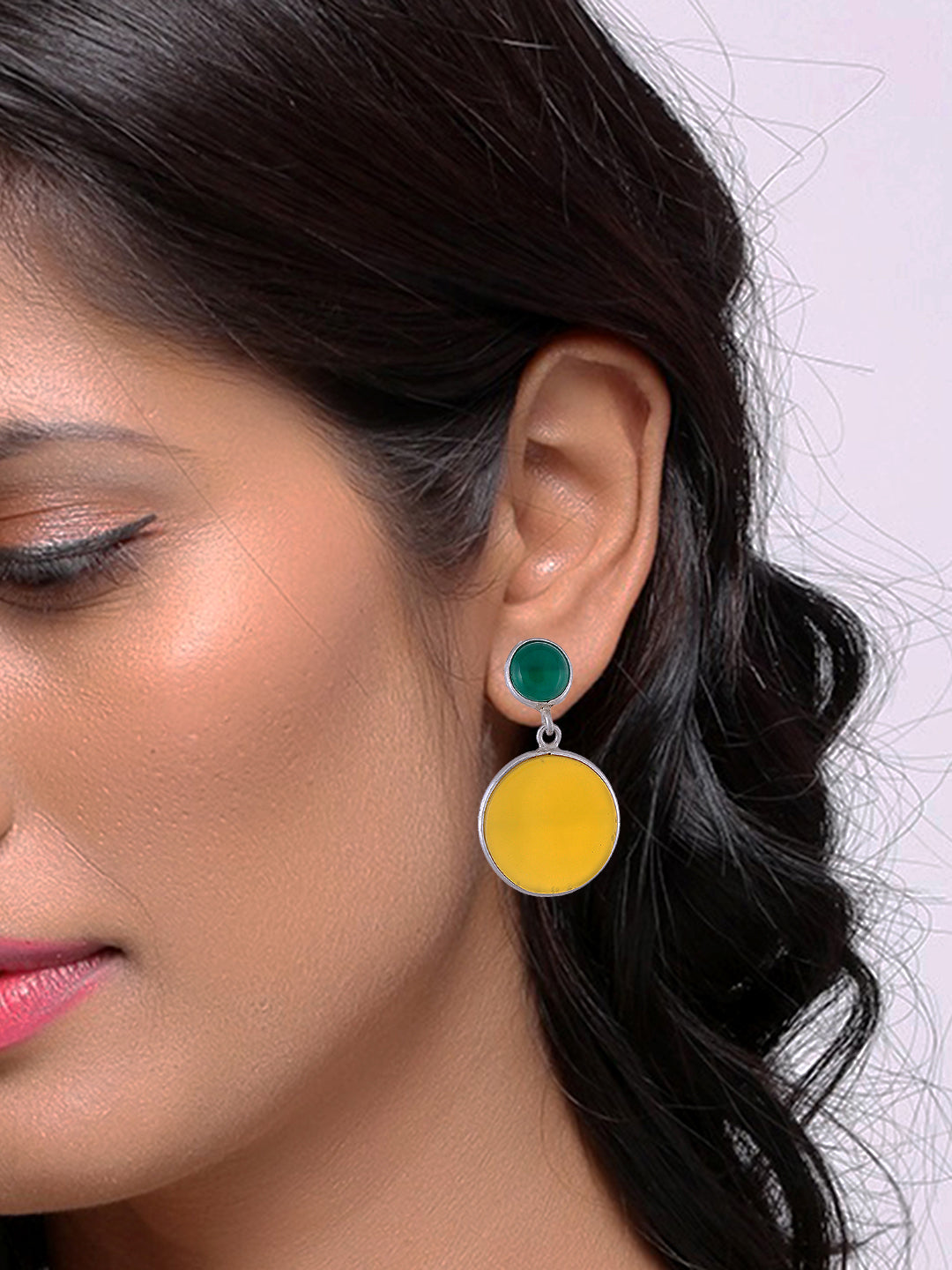 Women Silver Toned Yellow Circular Drop Earrings