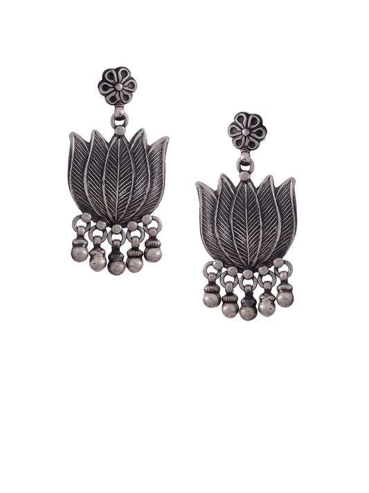 Sterling Silver Oxidised Classic Lotus Drop Earrings for Women Online
