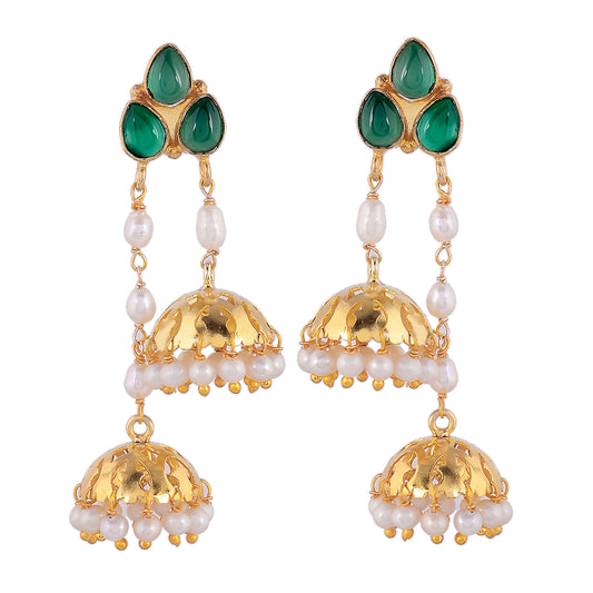 Green Onyx Gold Plated Sterling Silver Double Jhumki Earrings for Women Online