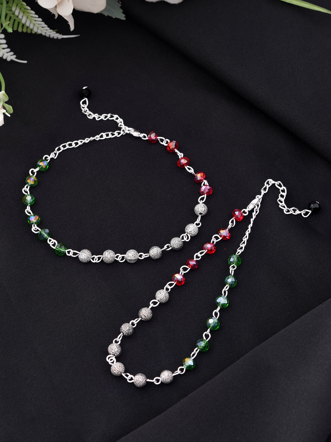 Multicolor Beaded Anklet For Women | Silver Anklet Set
