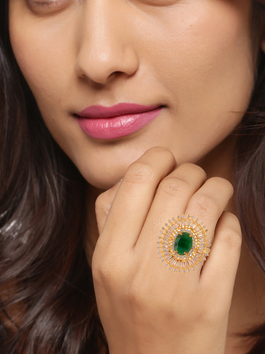 Gold Ring With Central Emerald Stone and Diamond Accents