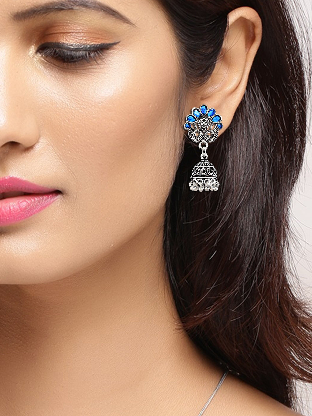 Oxidised Silver Plated Blue stone Designer jhumka earrings