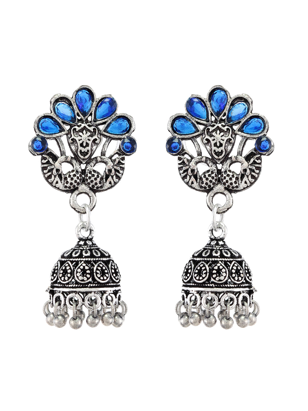 Oxidised Silver Plated Blue stone Designer jhumka earrings