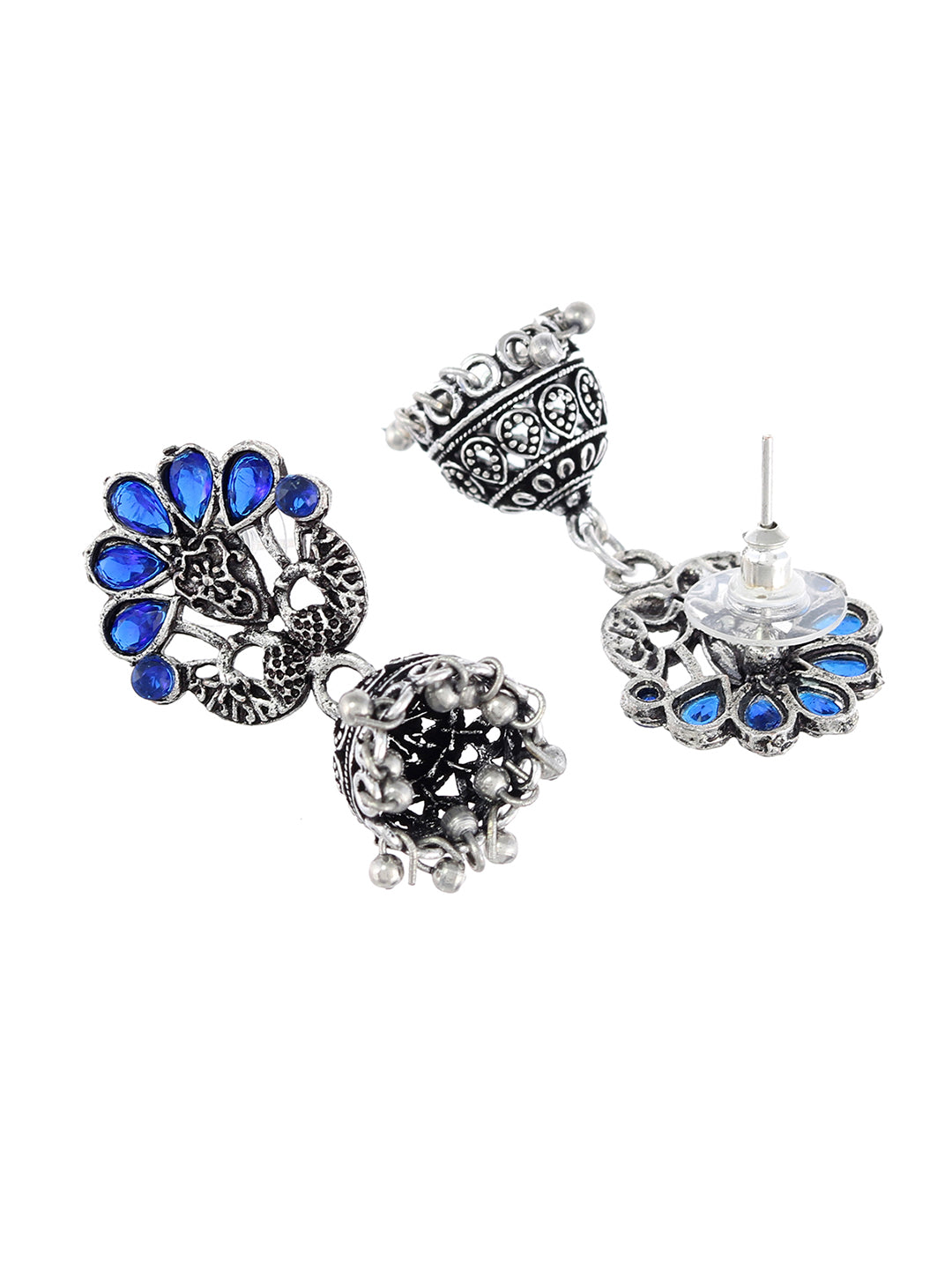 Oxidised Silver Plated Blue stone Designer jhumka earrings