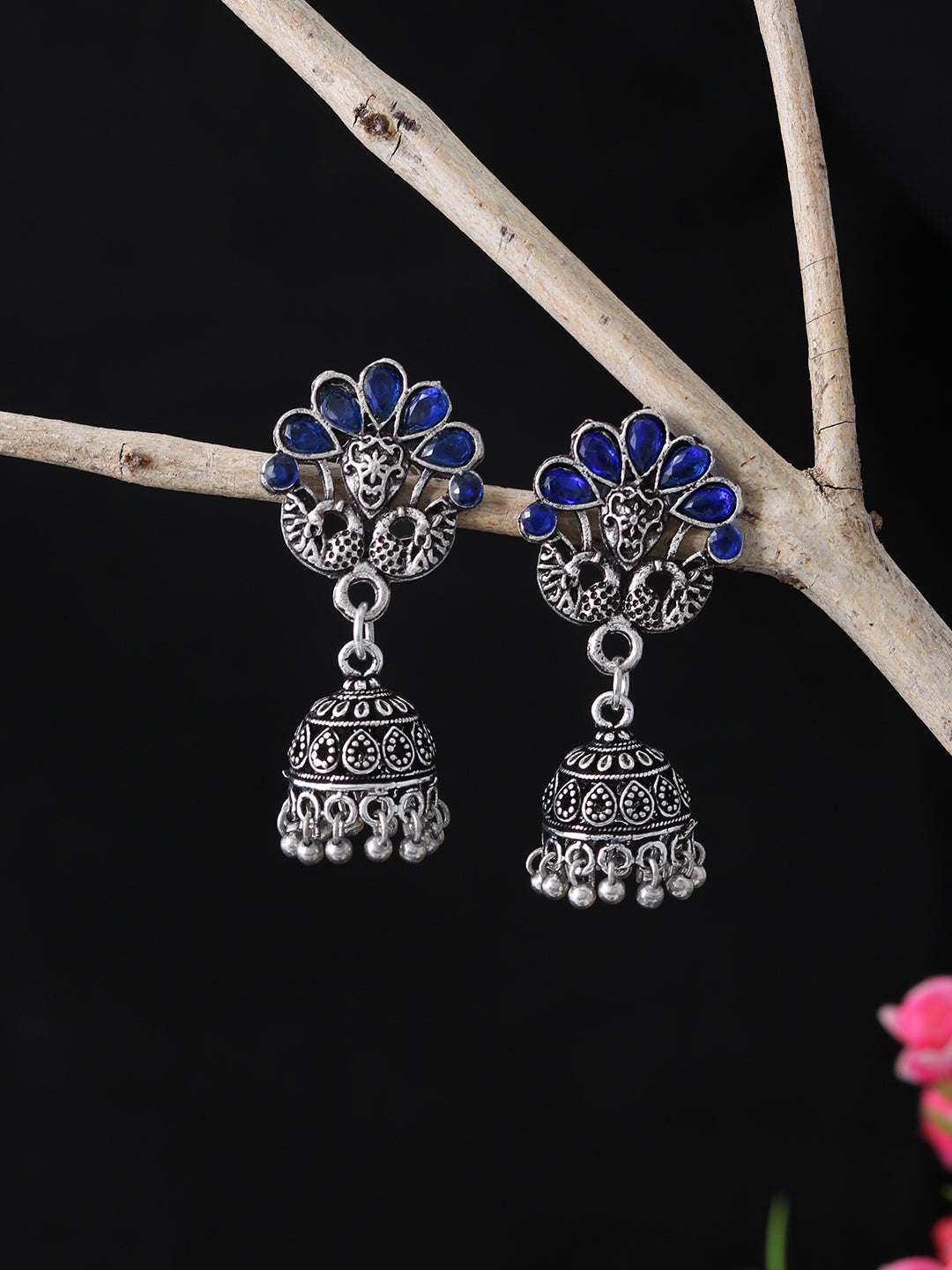 Oxidised Silver Plated Blue stone Designer jhumka earrings